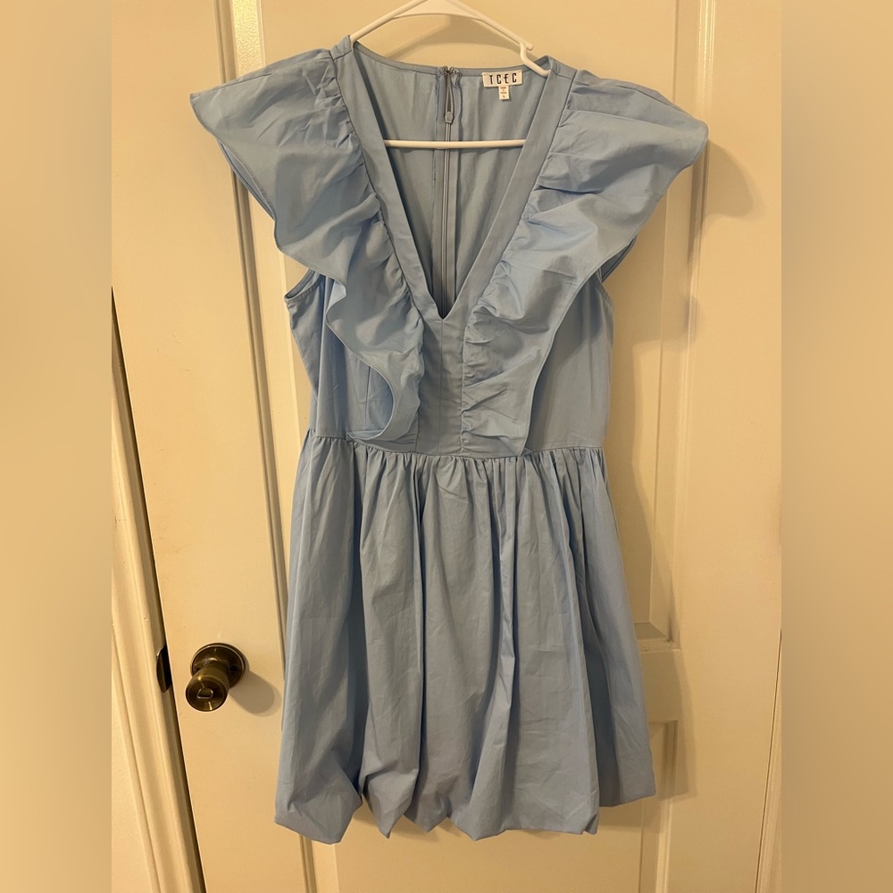TCEC Blue Flutter Sleeve V-Neck Mini Dress